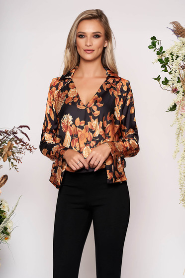 PrettyGirl brown office flared women`s blouse from satin fabric texture with floral prints