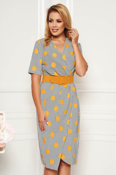 PrettyGirl mustard office midi pencil dress soft fabric accessorized with belt