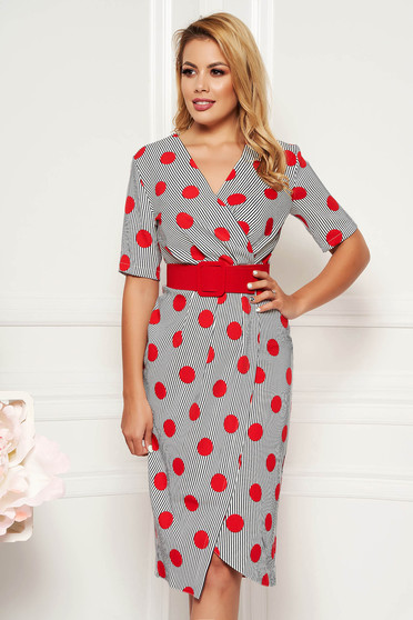 PrettyGirl red office midi pencil dress soft fabric accessorized with belt