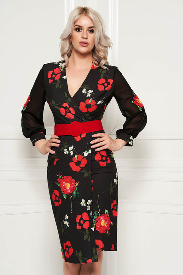 PrettyGirl red elegant midi pencil dress slightly elastic fabric accessorized with belt