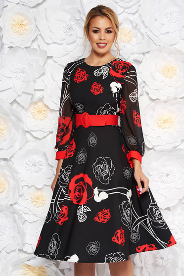 PrettyGirl red elegant midi cloche dress slightly elastic fabric with veil sleeves accessorized with belt