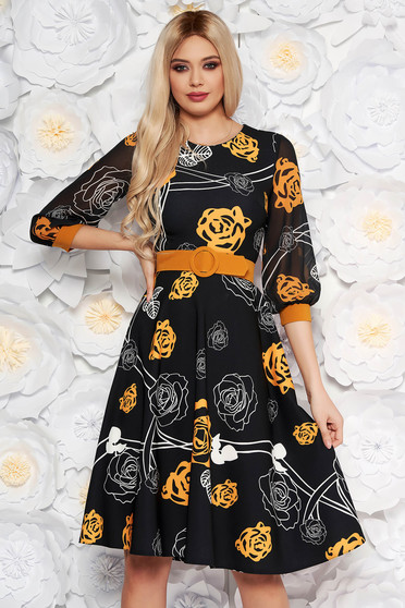 PrettyGirl mustard elegant midi cloche dress slightly elastic fabric with veil sleeves accessorized with belt