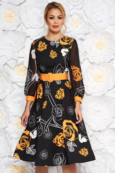 PrettyGirl mustard elegant midi cloche dress slightly elastic fabric with veil sleeves accessorized with belt