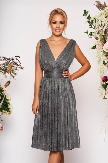 StarShinerS silver dress with v-neckline flaring cut occasional sleeveless midi