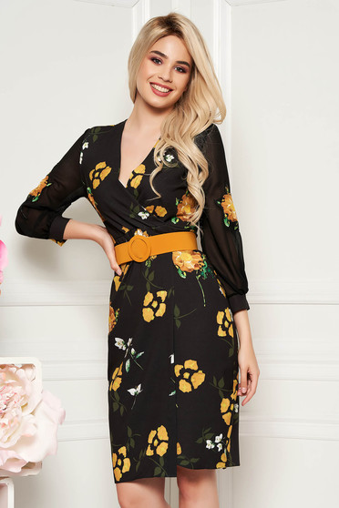 PrettyGirl mustard elegant midi pencil dress slightly elastic fabric accessorized with belt