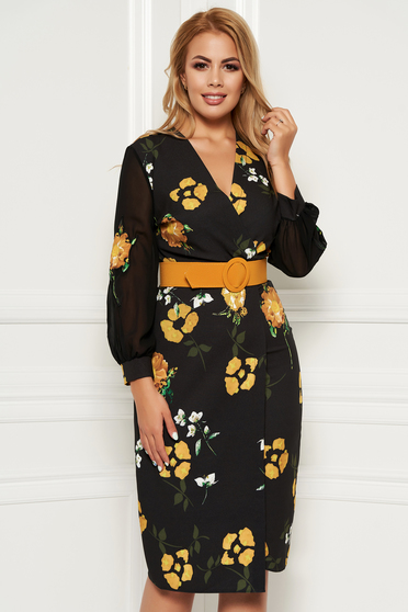 PrettyGirl mustard elegant midi pencil dress slightly elastic fabric accessorized with belt