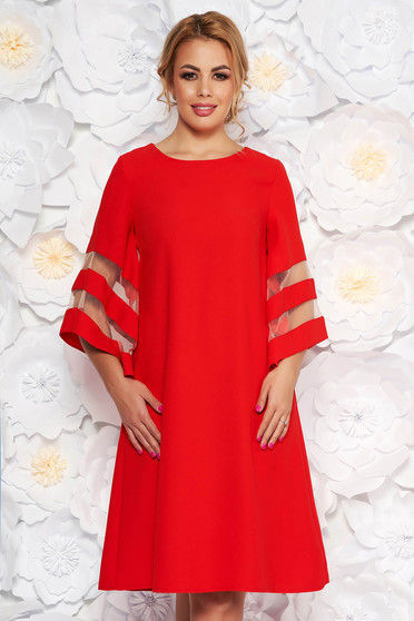 Red dress elegant flared from non elastic fabric large sleeves