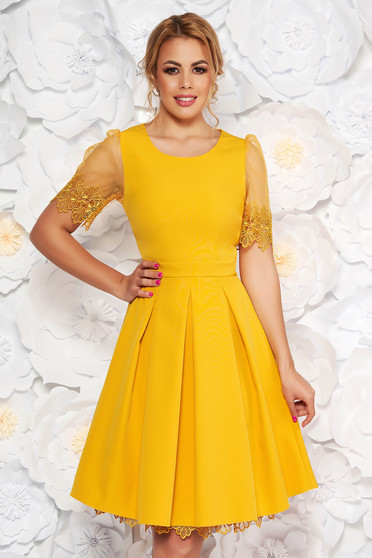 Yellow occasional cloche dress short transparent sleeves slightly elastic fabric
