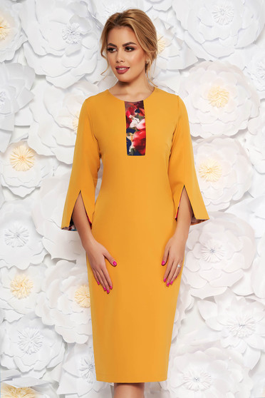 Mustard elegant pencil dress 3/4 sleeve slightly elastic fabric