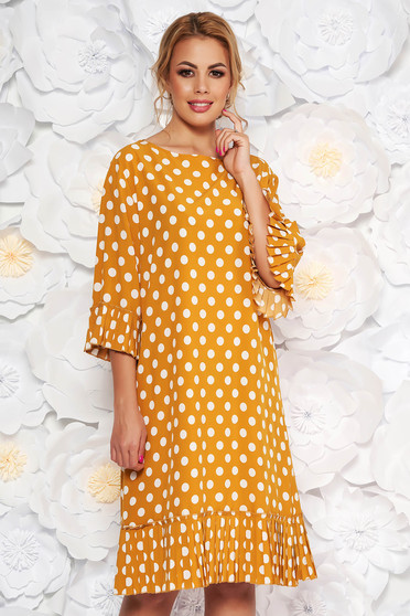 Mustard daily flared dress with bell sleeve thin fabric dots print