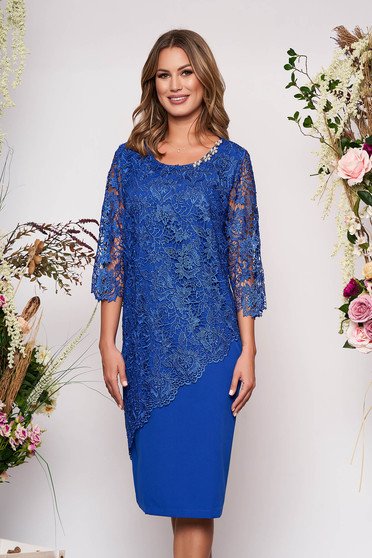 Blue occasional midi dress 3/4 sleeve with tented cut slightly elastic fabric lace overlay