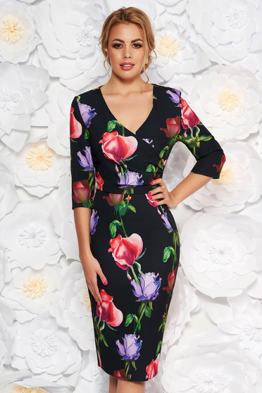 Black elegant pencil dress with v-neckline soft fabric with floral prints
