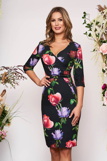 Black elegant pencil dress with v-neckline soft fabric with floral prints