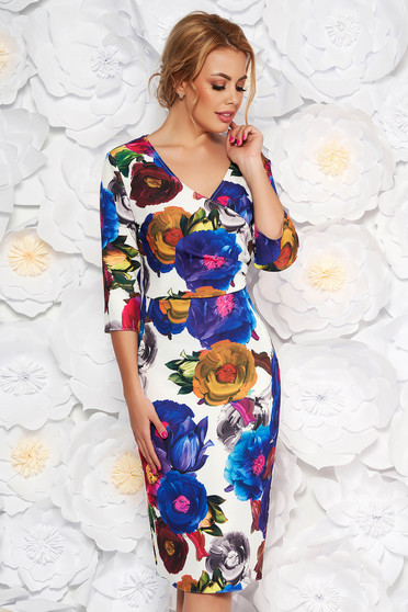 Blue elegant pencil dress with v-neckline soft fabric with floral prints