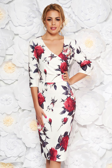 White elegant pencil dress with v-neckline soft fabric with floral prints