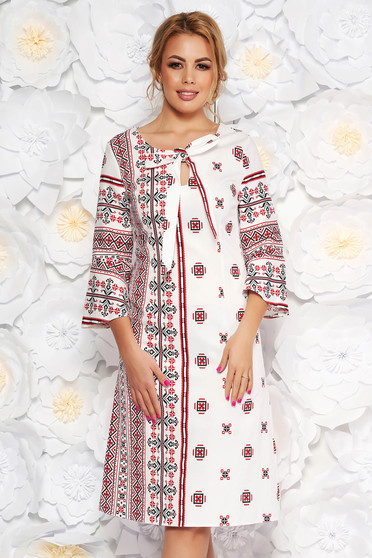 White daily midi a-line dress slightly elastic cotton with graphic details