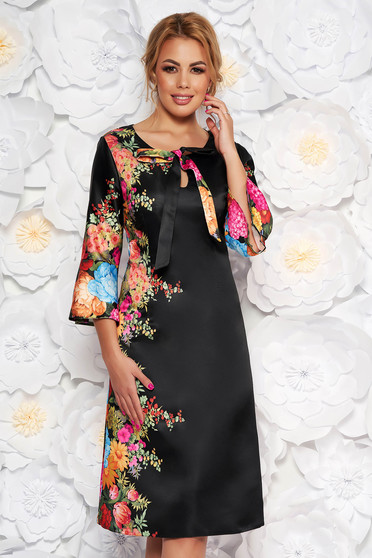 Black elegant a-line dress from satin fabric texture with floral prints