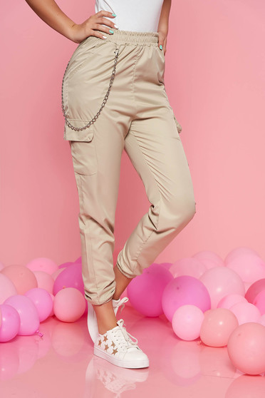 SunShine cream casual trousers with medium waist with elastic waist detachable chain