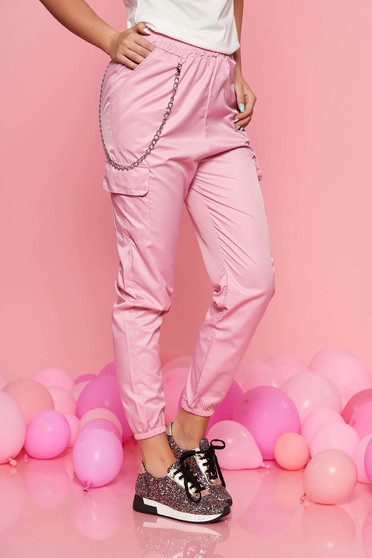 SunShine pink casual trousers with medium waist with elastic waist detachable chain