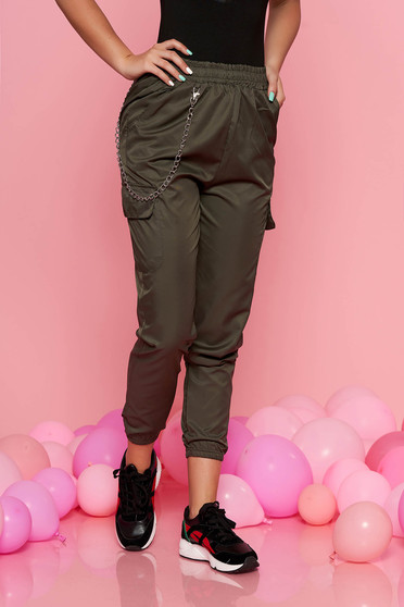 SunShine khaki casual trousers with medium waist with elastic waist detachable chain