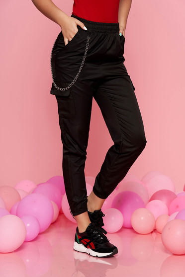 SunShine black casual trousers with medium waist with elastic waist detachable chain