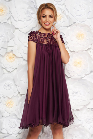 Artista purple occasional flared dress voile fabric embroidered and sequin embellished details