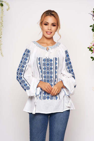 Blue flared embroidered women`s shirt nonelastic cotton with laced details