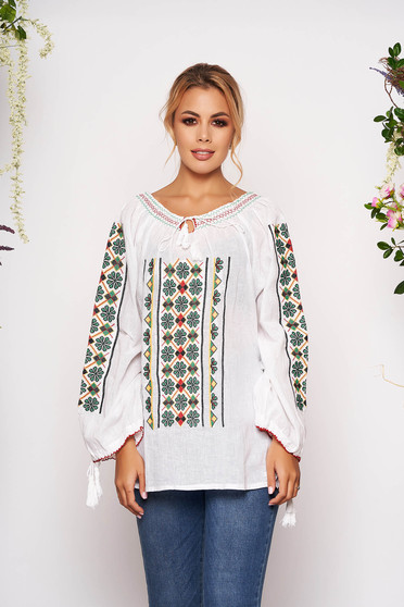 Green flared embroidered women`s shirt nonelastic cotton with laced details