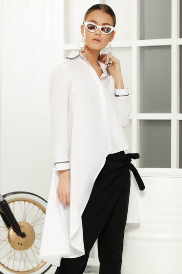 White asymmetrical flared women`s shirt long sleeved