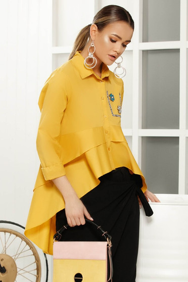 Yellow elegant flared asymmetrical women`s shirt airy fabric