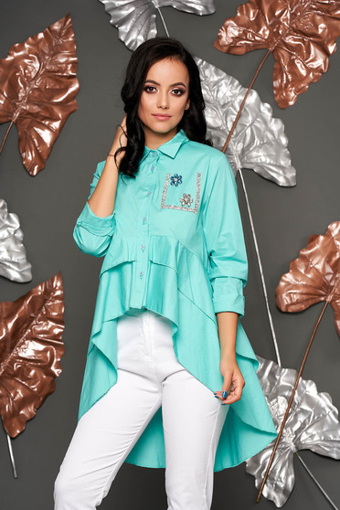 Turquoise elegant flared asymmetrical women`s shirt airy fabric