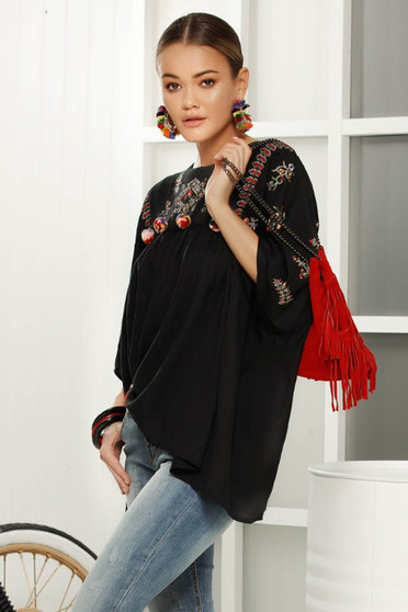 Black casual flared women`s blouse 3/4 sleeve airy fabric
