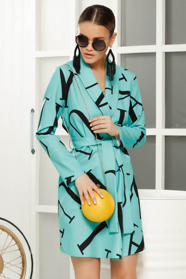 Turquoise casual straight trenchcoat accessorized with tied waistband soft fabric