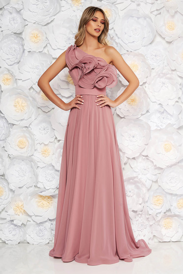 Ana Radu rosa luxurious dress from veil fabric with inside lining with ruffle details accessorized with tied waistband one shoulder