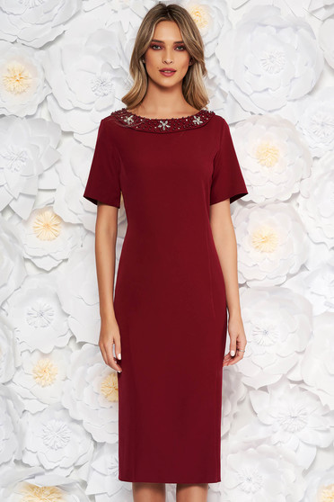 Burgundy occasional midi pencil dress with small beads embellished details with crystal embellished details