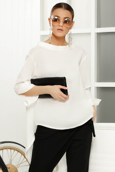 White elegant asymmetrical with easy cut women`s blouse slightly transparent fabric
