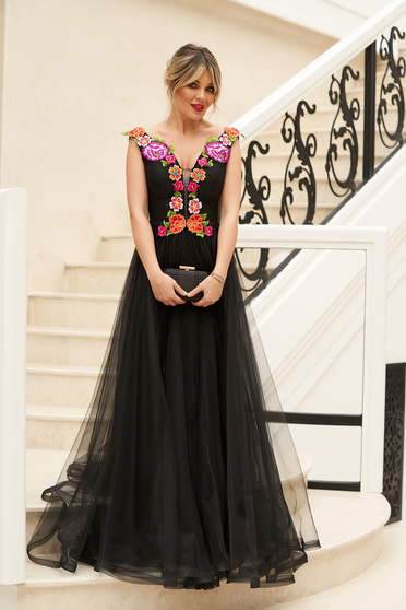 StarShinerS black long cloche dress from tulle manual sewed embroidery