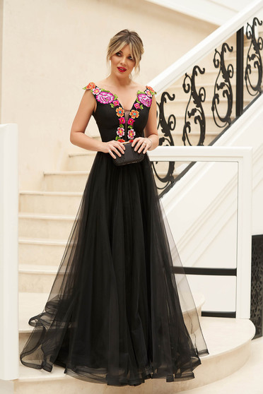 StarShinerS black long cloche dress from tulle manual sewed embroidery
