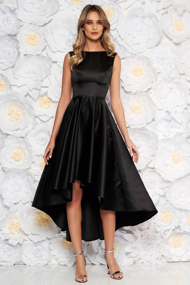 Black occasional asymmetrical cloche dress from satin fabric texture sleeveless elegant