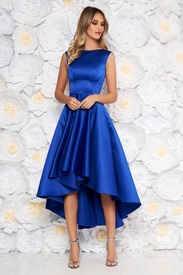 Blue occasional asymmetrical cloche dress from satin fabric texture sleeveless