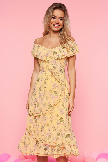 Top Secret yellow daily cloche dress off shoulder with elastic waist with ruffle details
