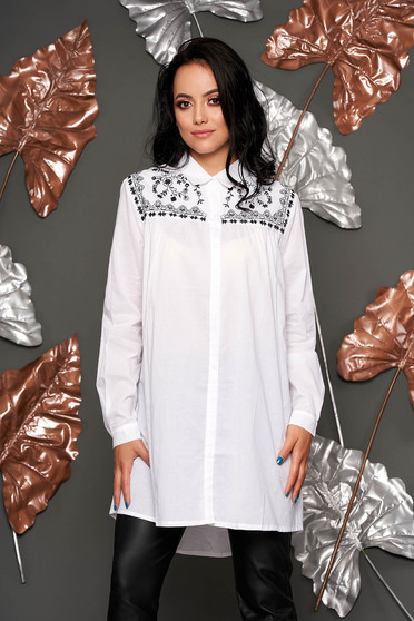 White casual asymmetrical women`s shirt with easy cut airy fabric
