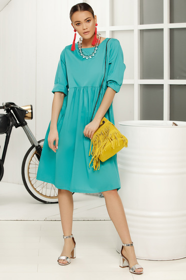 Turquoise casual daily flared dress with 3/4 sleeves
