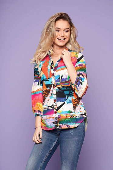 Flared short cut casual coral women`s shirt with 3/4 sleeves and buttons