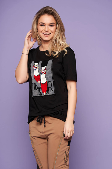 Black casual flared t-shirt short sleeves thin fabric