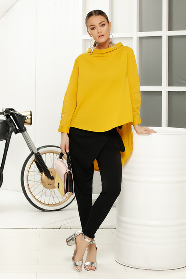 Yellow casual women`s blouse with easy cut asymmetrical long sleeve