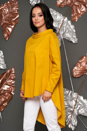 Yellow casual women`s blouse with easy cut asymmetrical long sleeve