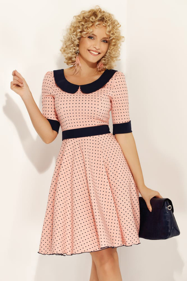 Fofy rosa elegant daily dress flaring cut with round collar accessorized with tied waistband