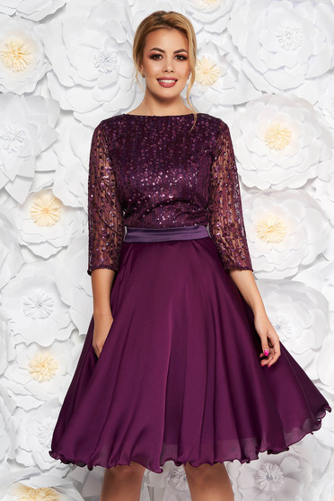Purple occasional cloche dress transparent sleeves from laced fabric with sequin embellished details