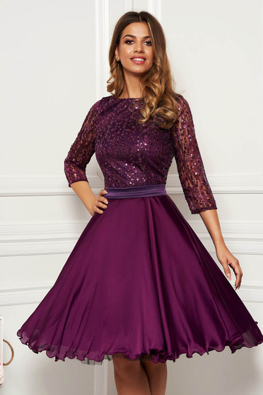 Purple occasional cloche dress transparent sleeves from laced fabric with sequin embellished details